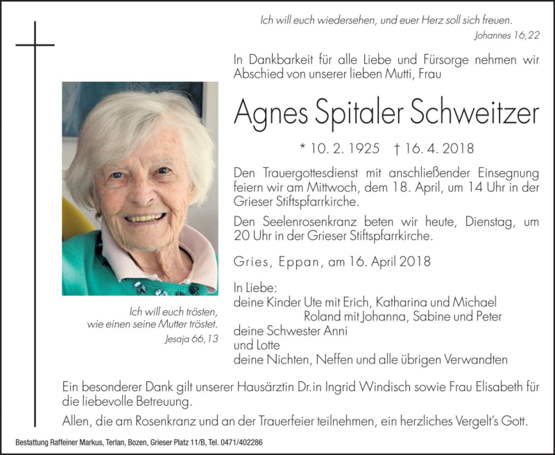  Traueranzeige für Agnes Schweitzer vom 17.04.2018 aus Dolomiten
