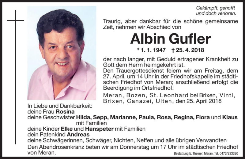  Traueranzeige für Albin Gufler vom 26.04.2018 aus Dolomiten