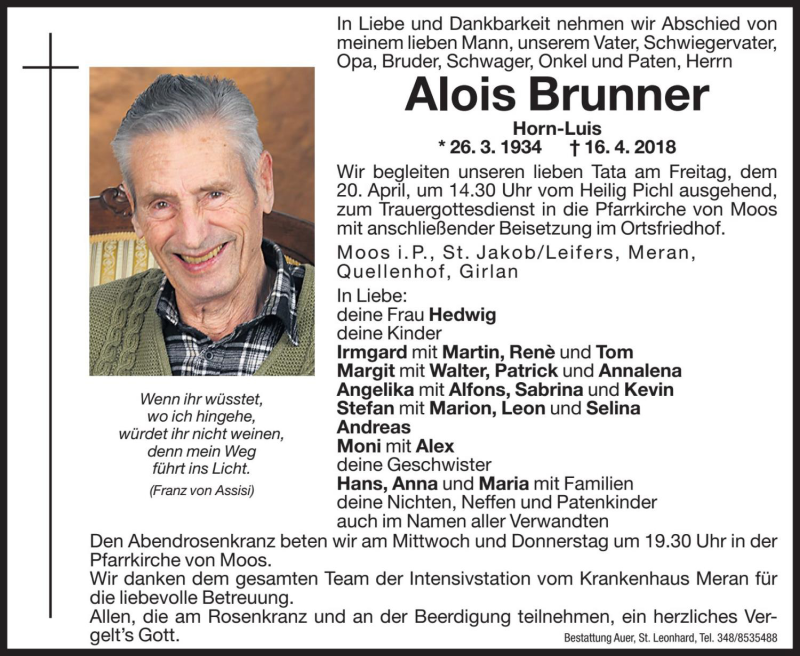  Traueranzeige für Alois Brunner vom 18.04.2018 aus Dolomiten