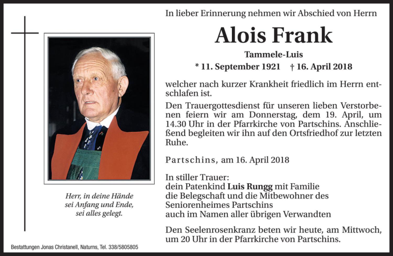  Traueranzeige für Alois Frank vom 18.04.2018 aus Dolomiten