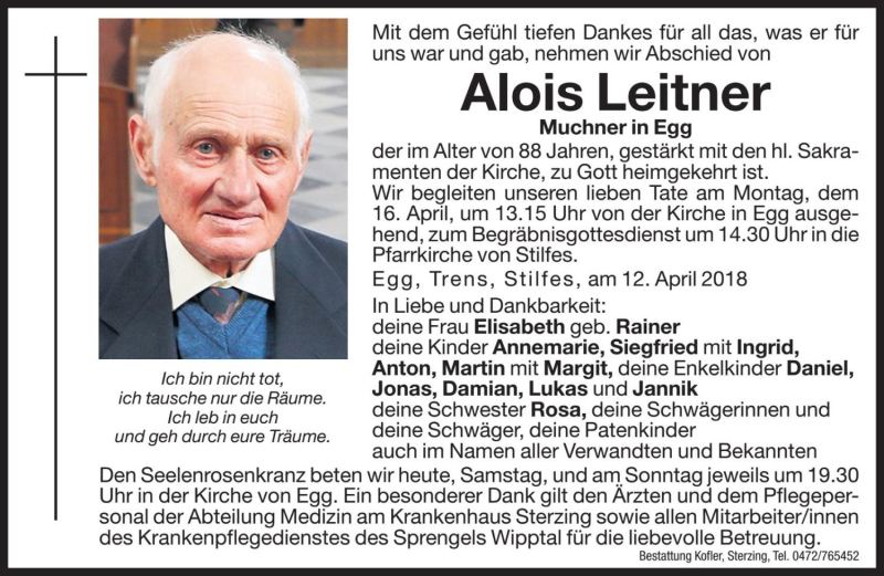  Traueranzeige für Alois Leitner  vom 14.04.2018 aus Dolomiten
