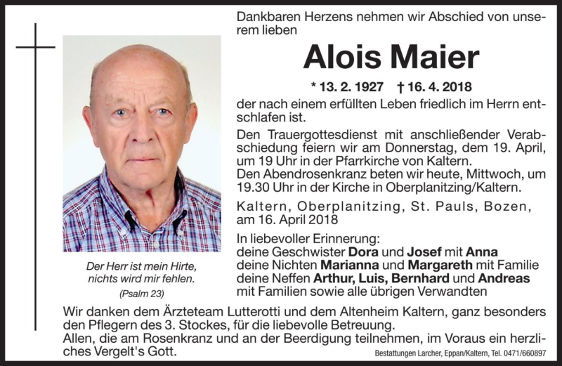  Traueranzeige für Alois Maier vom 18.04.2018 aus Dolomiten