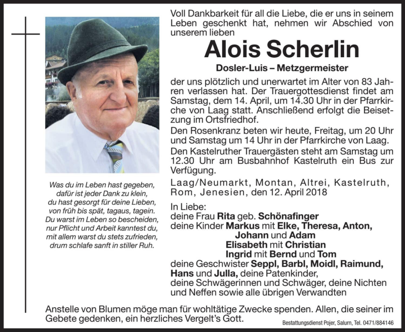  Traueranzeige für Alois Scherlin vom 13.04.2018 aus Dolomiten