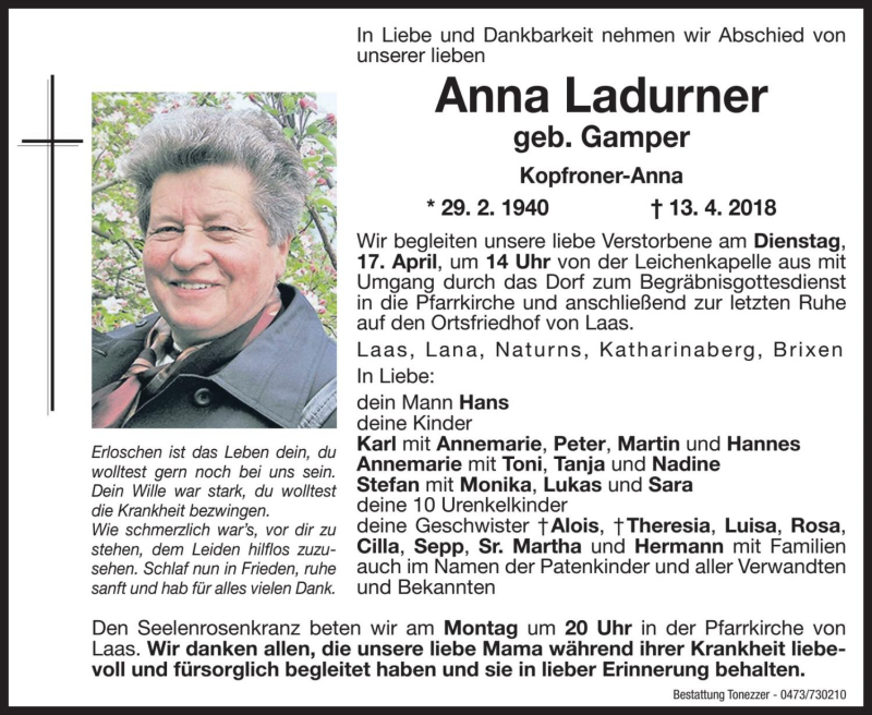  Traueranzeige für Anna Ladurner vom 16.04.2018 aus Dolomiten