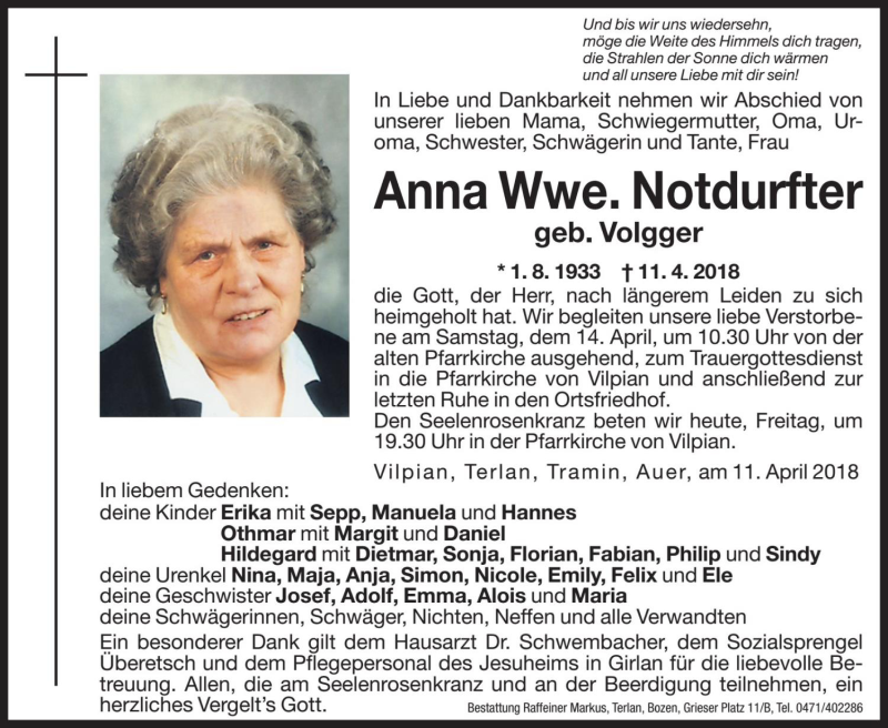  Traueranzeige für Anna Notdurfter vom 13.04.2018 aus Dolomiten