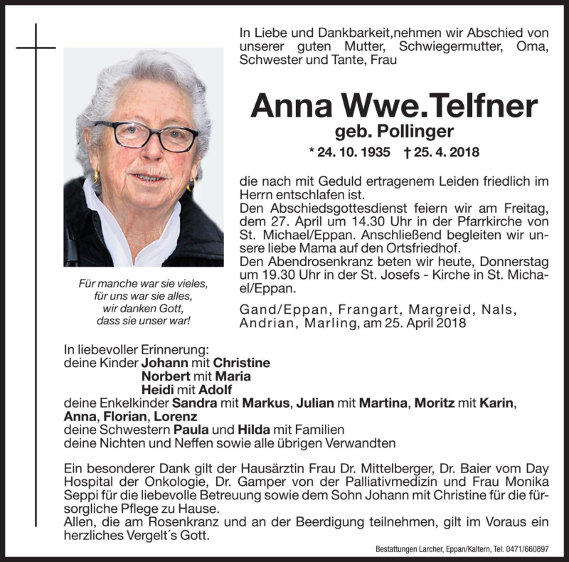  Traueranzeige für Anna Telfner vom 26.04.2018 aus Dolomiten