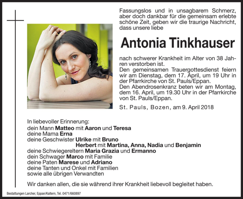  Traueranzeige für Antonia Tinkhauser vom 14.04.2018 aus Dolomiten