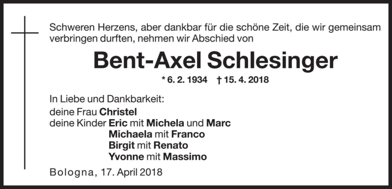  Traueranzeige für Bent-Axel Schlesinger vom 17.04.2018 aus Dolomiten