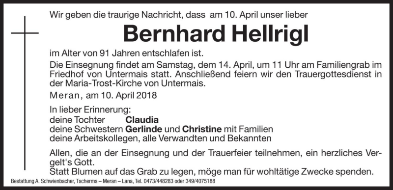  Traueranzeige für Bernhard Hellrigl vom 13.04.2018 aus Dolomiten