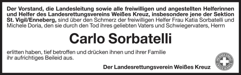  Traueranzeige für Carlo Sorbatelli vom 20.04.2018 aus Dolomiten