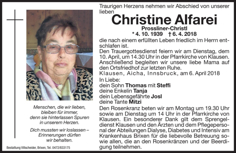  Traueranzeige für Christine Alfarei vom 09.04.2018 aus Dolomiten