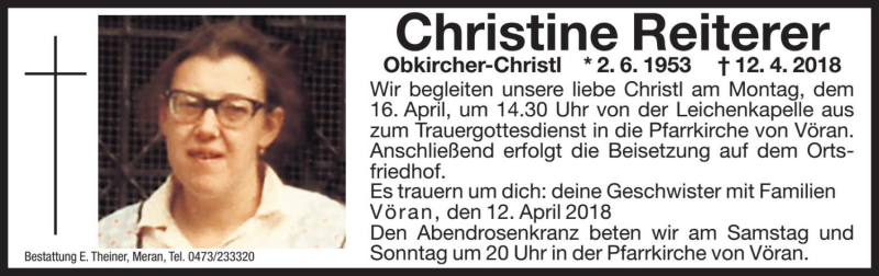 Traueranzeige für Christine Reiterer vom 14.04.2018 aus Dolomiten