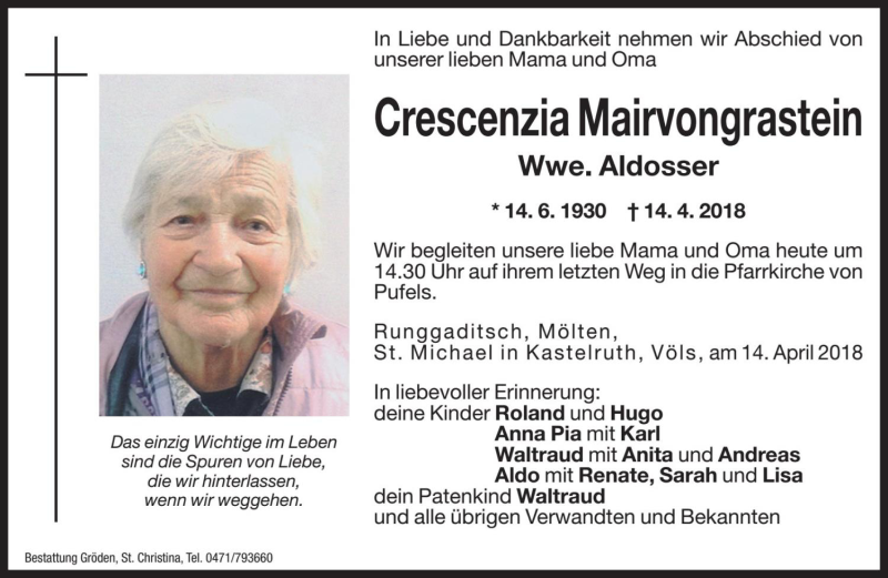  Traueranzeige für Crescenzia Aldosser vom 16.04.2018 aus Dolomiten