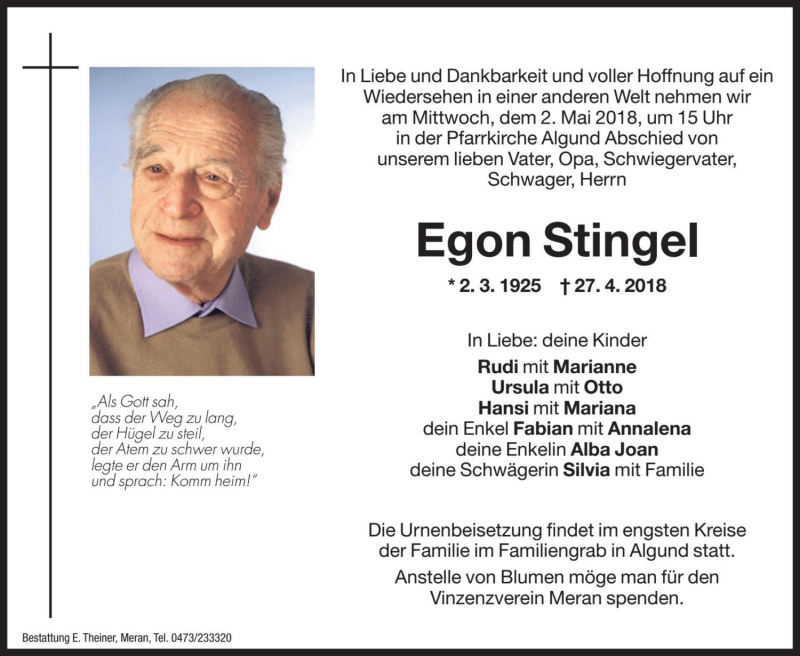  Traueranzeige für Egon Stingel vom 30.04.2018 aus Dolomiten