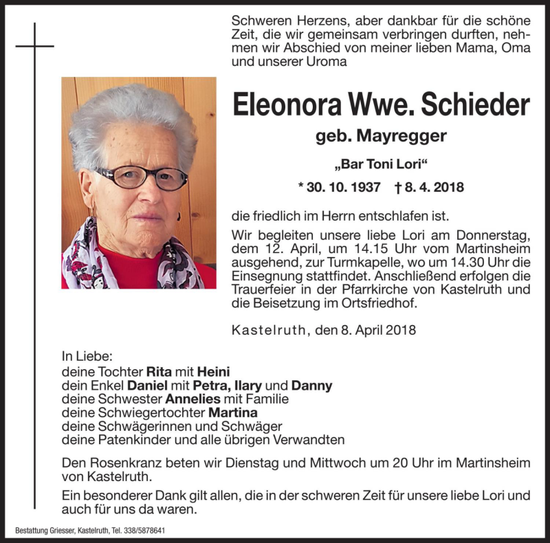  Traueranzeige für Eleonora Schieder vom 10.04.2018 aus Dolomiten