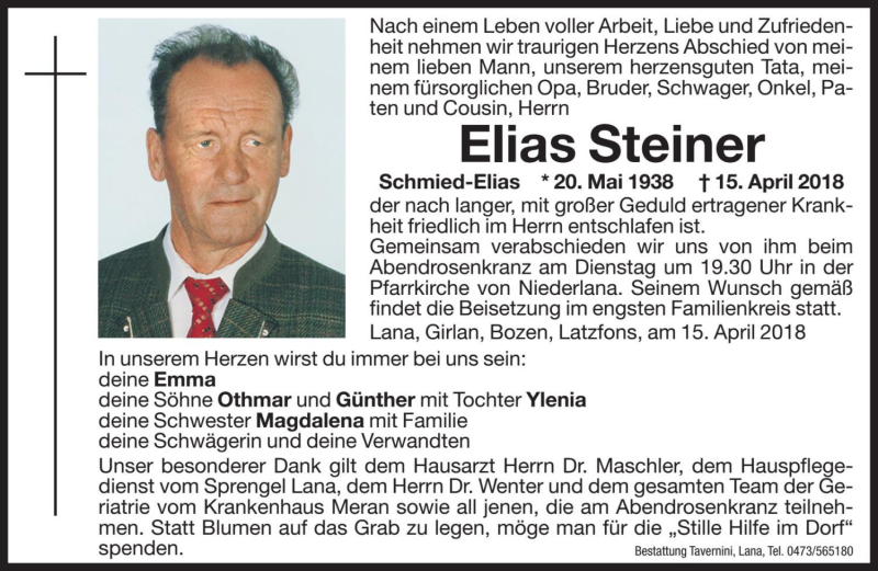  Traueranzeige für Elias Steiner vom 17.04.2018 aus Dolomiten