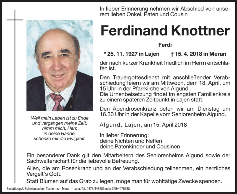  Traueranzeige für Ferdinand Knottner vom 17.04.2018 aus Dolomiten