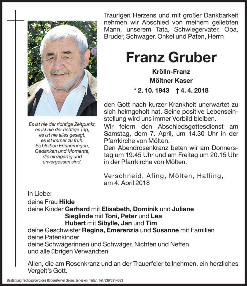  Traueranzeige für Franz Gruber vom 05.04.2018 aus Dolomiten