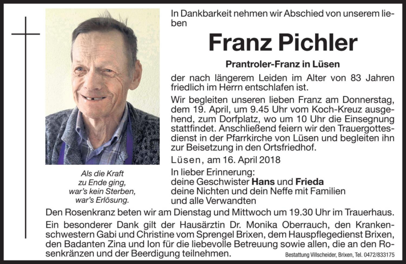  Traueranzeige für Franz Pichler vom 17.04.2018 aus Dolomiten
