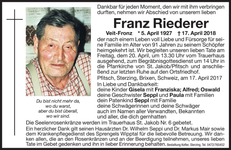  Traueranzeige für Franz Riederer vom 18.04.2018 aus Dolomiten