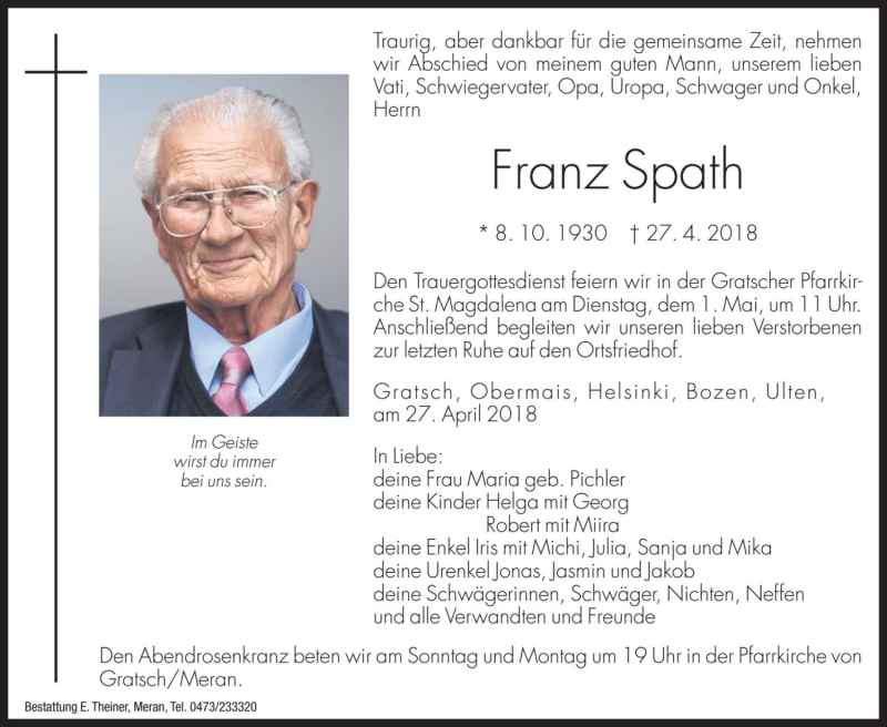  Traueranzeige für Franz Spath vom 28.04.2018 aus Dolomiten