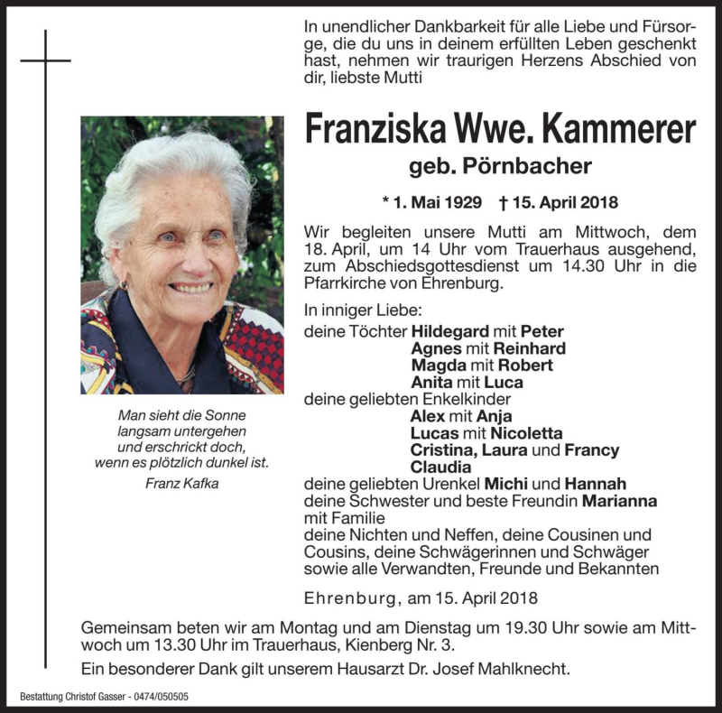  Traueranzeige für Franziska Kammerer vom 16.04.2018 aus Dolomiten