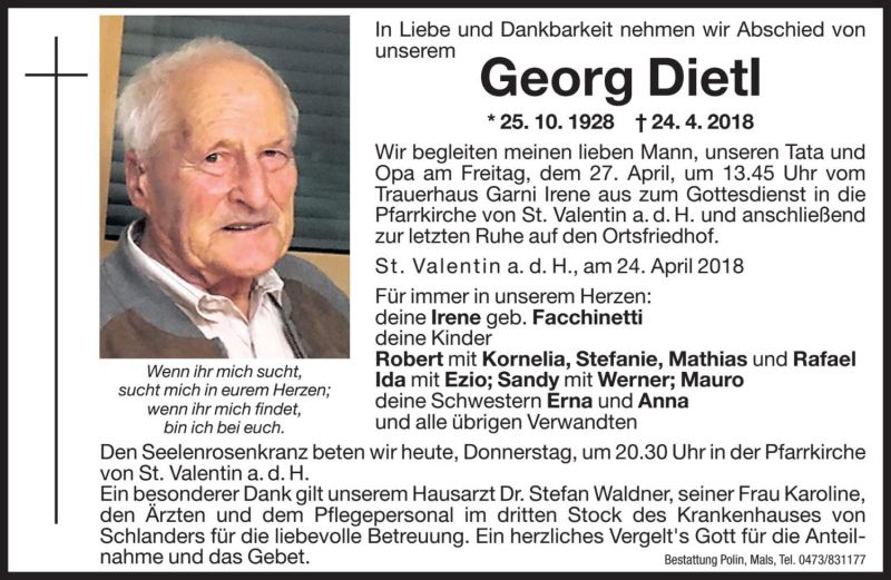  Traueranzeige für Georg Dietl vom 26.04.2018 aus Dolomiten