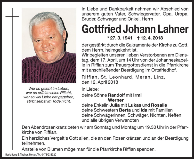  Traueranzeige für Gottfried Johann Lahner vom 14.04.2018 aus Dolomiten