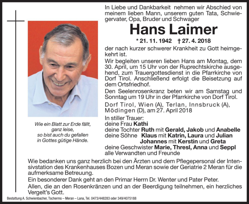  Traueranzeige für Hans Laimer vom 28.04.2018 aus Dolomiten