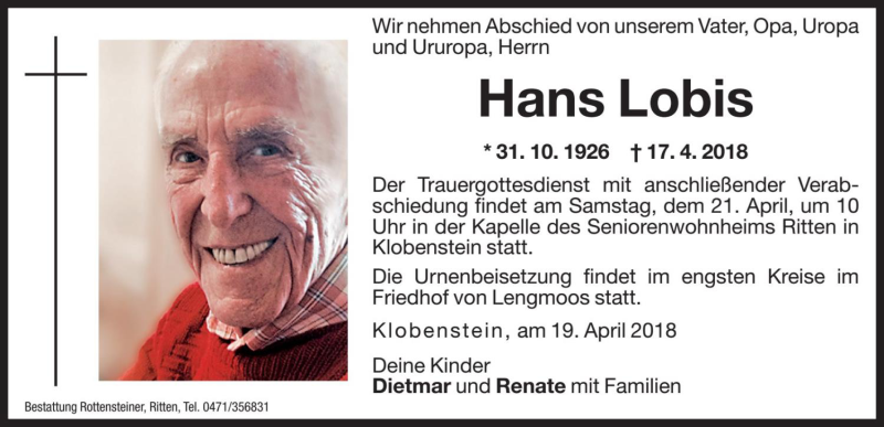  Traueranzeige für Hans Lobis vom 19.04.2018 aus Dolomiten