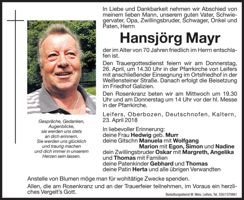  Traueranzeige für Hansjörg Mayr vom 24.04.2018 aus Dolomiten