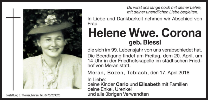  Traueranzeige für Helene Corona vom 19.04.2018 aus Dolomiten