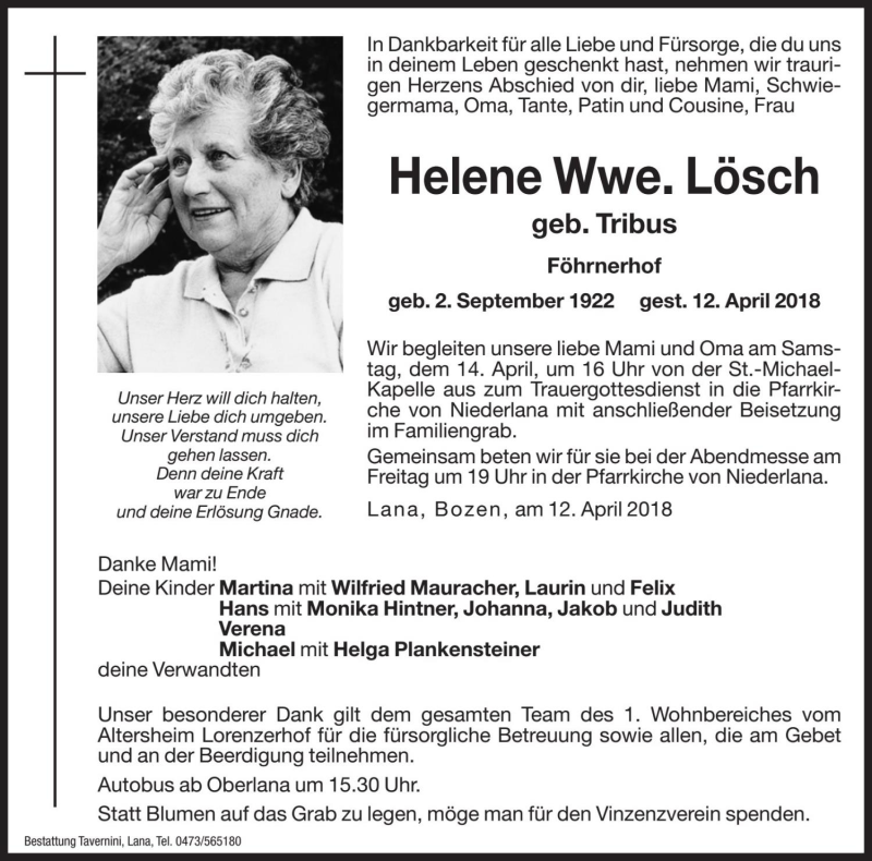  Traueranzeige für Helene Lösch vom 13.04.2018 aus Dolomiten