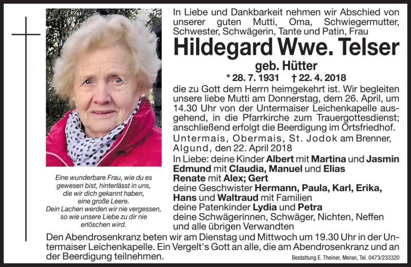  Traueranzeige für Hildegard Telser vom 24.04.2018 aus Dolomiten