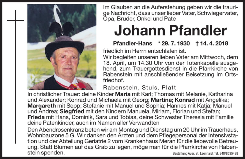  Traueranzeige für Johann Pfandler vom 16.04.2018 aus Dolomiten