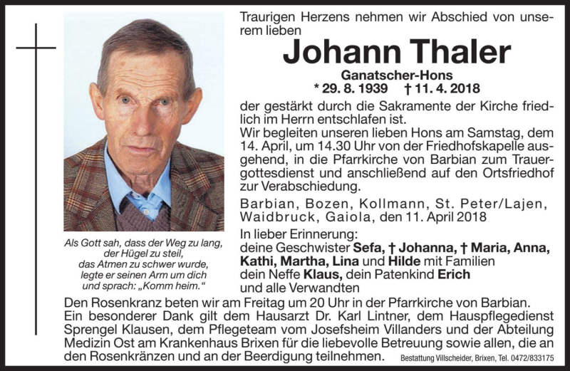  Traueranzeige für Johann Thaler vom 13.04.2018 aus Dolomiten