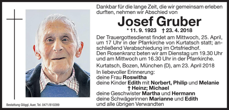  Traueranzeige für Josef Gruber vom 24.04.2018 aus Dolomiten