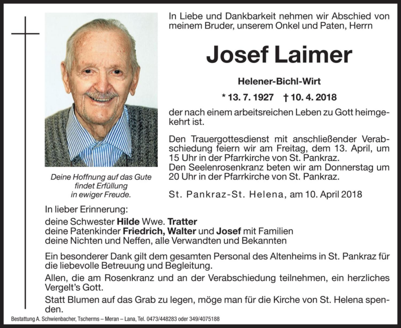  Traueranzeige für Josef Laimer vom 12.04.2018 aus Dolomiten