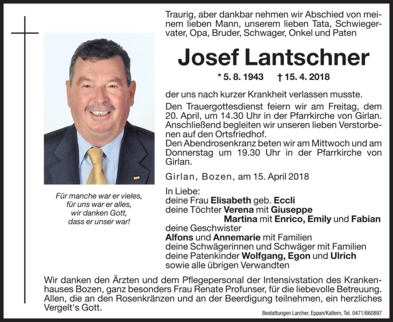  Traueranzeige für Josef Lantschner vom 17.04.2018 aus Dolomiten