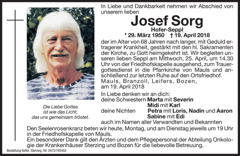  Traueranzeige für Josef Sorg vom 23.04.2018 aus Dolomiten