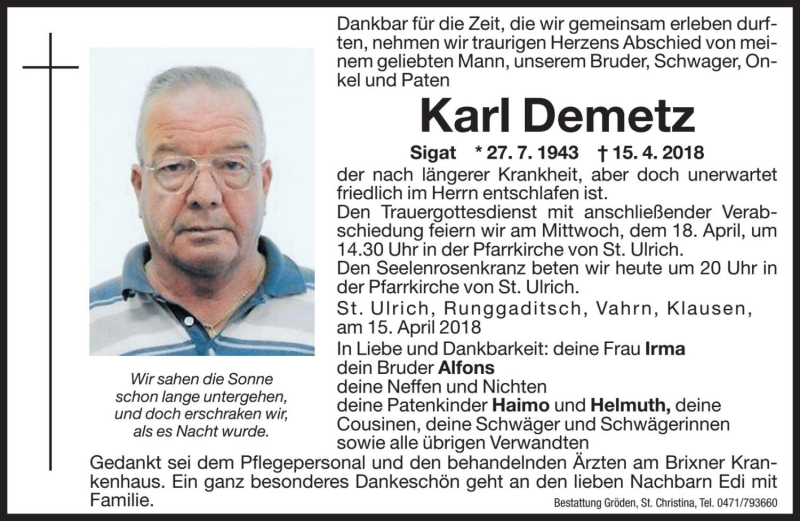  Traueranzeige für Karl Demetz vom 17.04.2018 aus Dolomiten