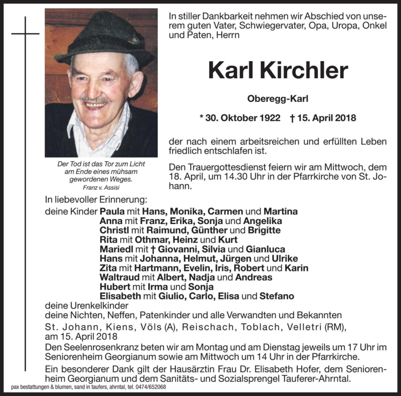  Traueranzeige für Karl Kirchler vom 16.04.2018 aus Dolomiten