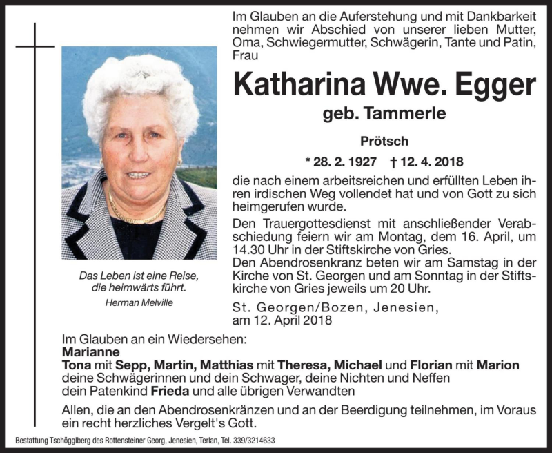  Traueranzeige für Katharina Egger vom 14.04.2018 aus Dolomiten