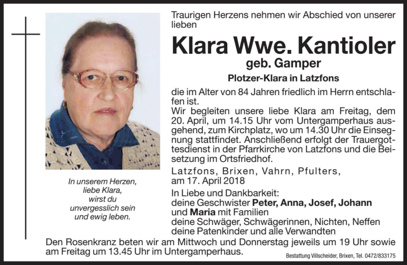  Traueranzeige für Klara Kantioler vom 18.04.2018 aus Dolomiten