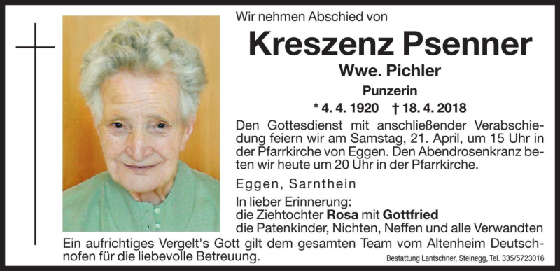  Traueranzeige für Kreszenz Pichler vom 20.04.2018 aus Dolomiten