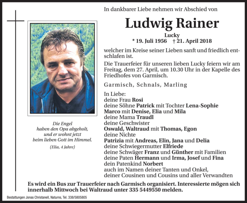  Traueranzeige für Ludwig Rainer vom 24.04.2018 aus Dolomiten