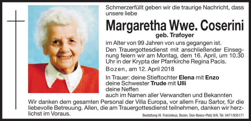  Traueranzeige für Margaretha Coserini vom 14.04.2018 aus Dolomiten