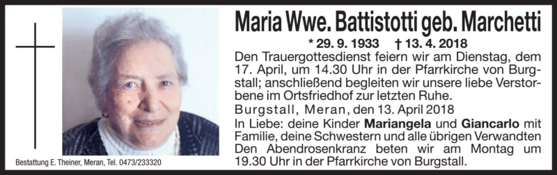  Traueranzeige für Maria Battistotti vom 16.04.2018 aus Dolomiten