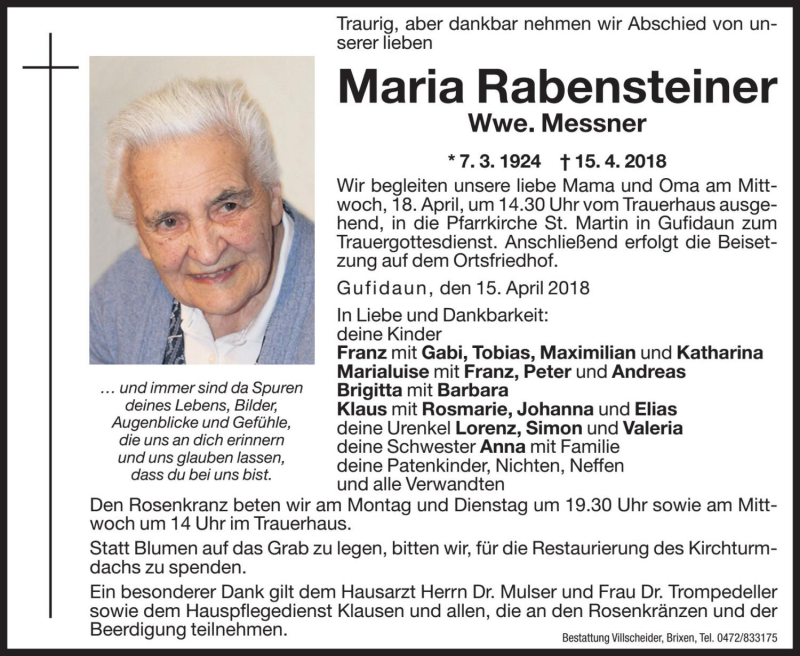  Traueranzeige für Maria Messner vom 16.04.2018 aus Dolomiten