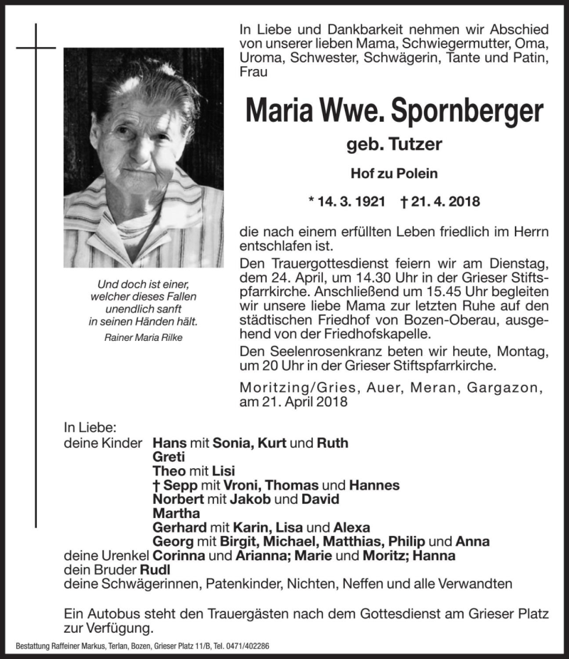  Traueranzeige für Maria Spornberger vom 23.04.2018 aus Dolomiten